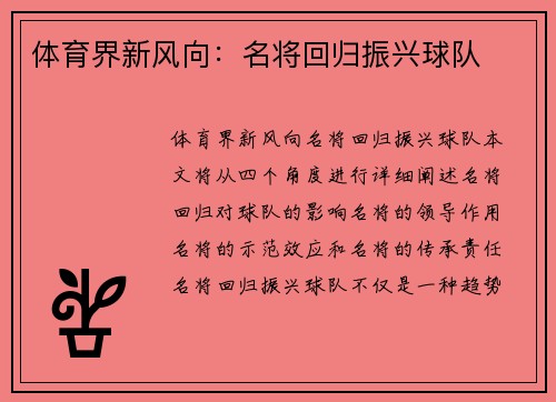 体育界新风向：名将回归振兴球队